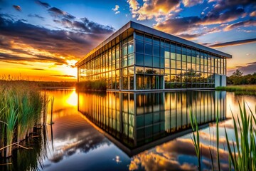Fototapeta premium Architectural Photography: Modern Building with Cattail Reflections in Glass Facade
