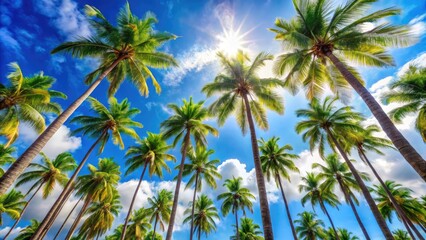 Soaring palm trees against a bright blue sky with fluffy white clouds, beach, sunny, beachy