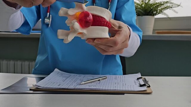 Neurosurgery and operations on the spinal cord and spine. Model of the spinal cord with nerve roots of a surgeon with a scalpel