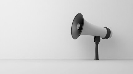 Minimalist megaphone against a clean white wall emphasizing simplicity and communication in a modern design environment