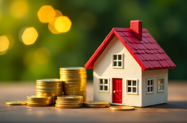 Model House With a red Roof and gold coins against a blurred background with bokeh lights