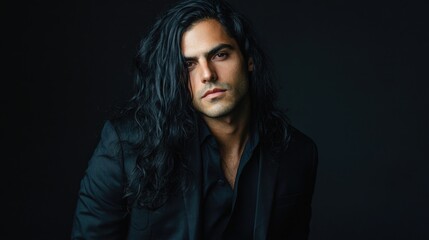 Fototapeta premium Confident man with long black hair in a stylish dark suit against a minimalist background, exuding elegance and charm.
