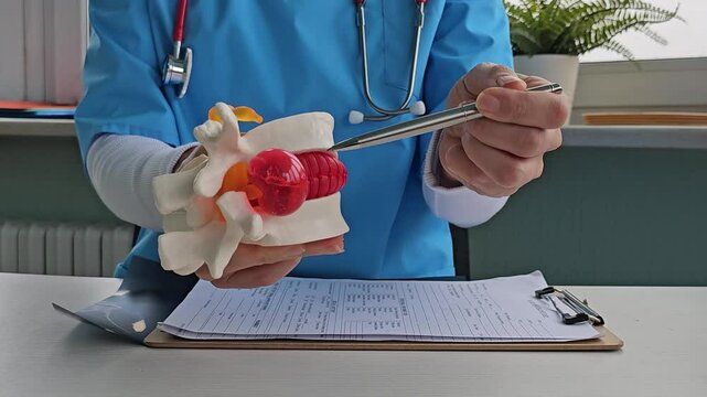 Intervertebral hernia treatment. Chiropractor with anatomical lumbar disc herniation model while consultation of man with back pain 