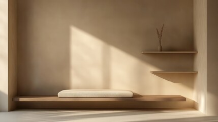 Minimalist interior design featuring a simple couch, earthy tones, wall-mounted shelf, and open space for a modern aesthetic.