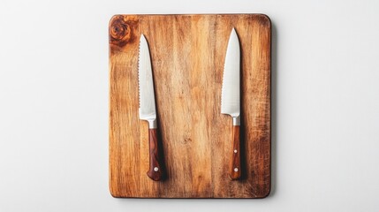 Luxury wooden cutting board with knife set on white background for kitchen elegance and culinary excellence in minimalistic design.