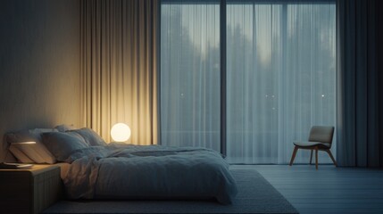 Serene Scandinavian Bedroom with Soft Lighting and Minimalist Design Showcasing Natural Elegance and Tranquil Atmosphere