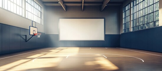 Interior of a modern gymnasium basketball court featuring a spacious area and blank poster space for promotional or informational content