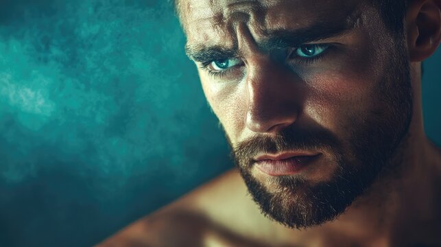 Man exhibiting facial distress due to shoulder pain showcasing health concerns and emotional expression in a dramatic portrait.