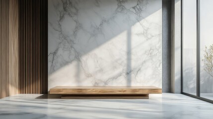 Minimalist interior featuring marble wall and wooden base ideal for product presentation mockups and modern designs with natural lighting.