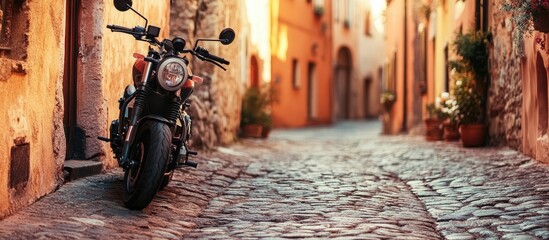 Motorbike parked on serene cobblestone street surrounded by charming buildings ideal for travel and lifestyle themes