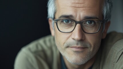Fototapeta premium Confident mature man with gray hair and glasses looking directly at the camera with a thoughtful expression in a modern setting.