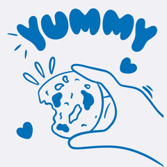 Vector doodle illustration of blue line cookie in hand, lettering for coffee shop logo, pastry shop, bakery, branding, print, yammy cookie