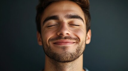 Obraz premium Smiling man with closed eyes conveying happiness and serenity against a dark background in a warm and inviting portrait.