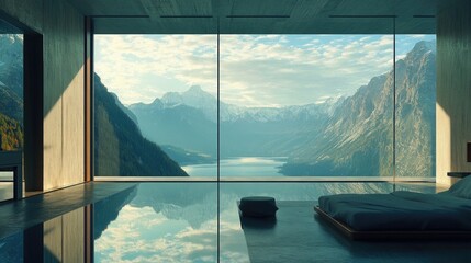 Serene minimalist bedroom showcasing stunning mountain views and peaceful indoor ambiance for relaxation and tranquility