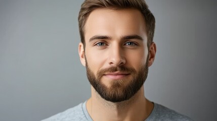 Fototapeta premium Confident man with short beard wearing casual attire posing for the camera against a neutral gray background showcasing a friendly expression.