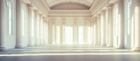 Obraz premium Elegant monumental architecture interior with abundant natural light and spacious empty area for text or content placement.