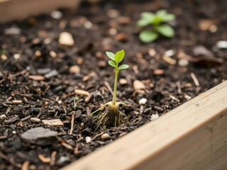 Small seedling with emerging roots and tiny leaves on a wooden planter box filled with soil and mulch, planter box, plant