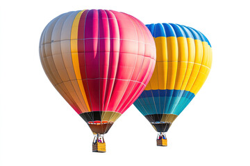 Fototapeta premium Vibrant Striped Hot Air Balloons Floating High Above Ground on White PNG Background, Colorful Birthday Celebration