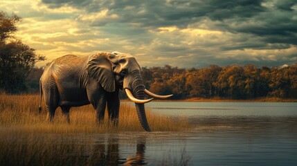 Naklejka premium Majestic elephant with long tusks standing gracefully by a tranquil lake during a picturesque dusk scene