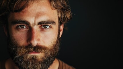 Obraz premium Thoughtful bearded man with mustache gazing intensely at camera against a dark background showcasing rich textures and depth in expression.