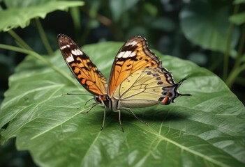 Obraz premium Small butterfly rests on a large leaf with veins , butterflies, leaf, macro