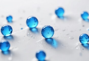small blue oil droplets on a white background, pigment drops, fluid splatter