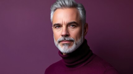 Obraz premium Mature man in turtleneck exuding confidence against a rich purple background capturing a timeless and sophisticated portrait.