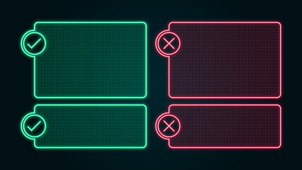True or false text box set, empty frames layout, bright neon visuals.