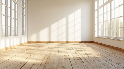 Bright minimalist room interior featuring empty wall space for poster display and large windows casting shadows on wooden floor.