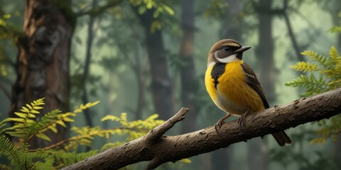 Small bird with yellow belly and brown back in the forest on a branch , brown back, warbler, small bird