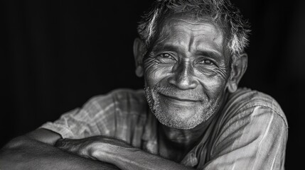 Fototapeta premium Smiling elderly man with crossed arms in a black and white portrait showcasing warmth and wisdom against a dark background