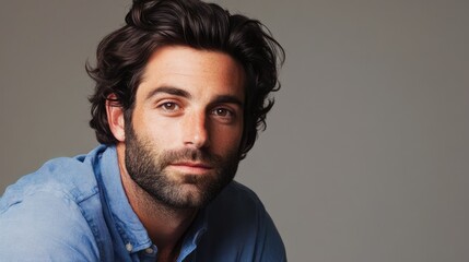 Fototapeta premium Portrait of a man with dark hair and beard wearing a blue shirt looking thoughtfully to the side against a neutral background