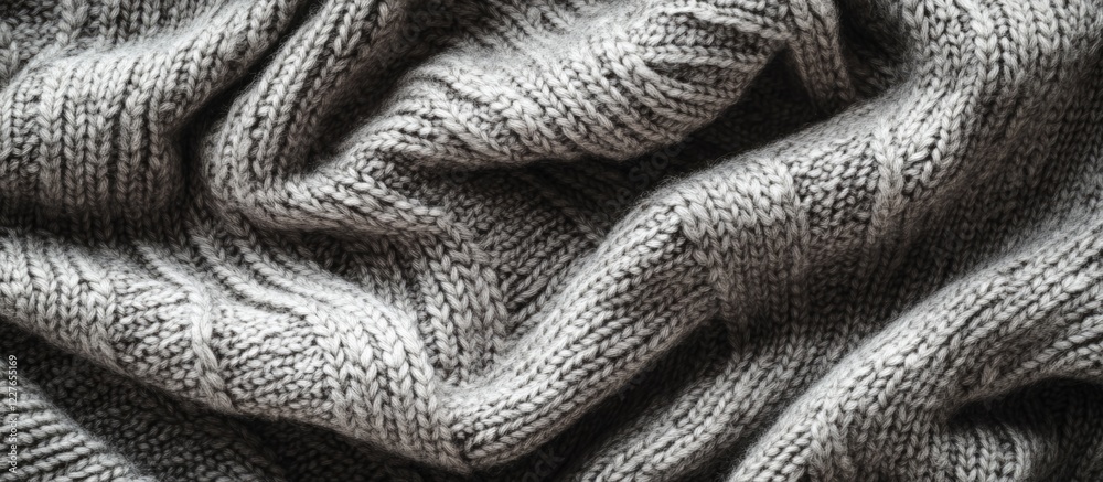 Poster soft grey knitted fabric flat lay textured wool background with ample empty space for text and roman