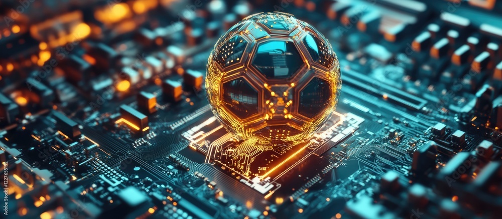 Poster smart football with microchip integration and artificial intelligence on circuit board abstract digi