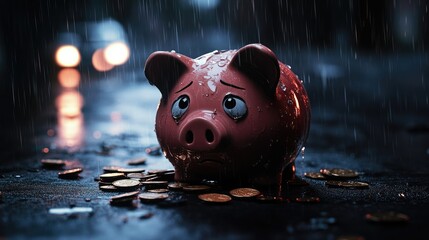 Close-up of a broken piggy bank with sad, teary eyes, surrounded by scattered coins and a dark, rainy backdrop for financial loss themes.