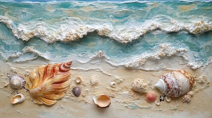 Serene Coastal Scene of Seashells on Sandy Beach with Gentle Waves in Clear Blue Ocean Water