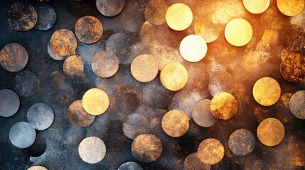 Natural stone circular pattern background featuring shimmering bokeh lights in warm golden tones...