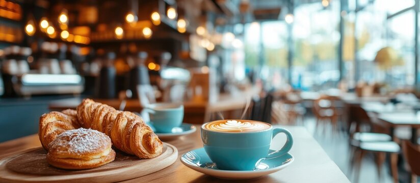 Cozy cafe scene featuring freshly brewed coffee and pastries with a vibrant interior ambiance ideal for text overlay and promotions.
