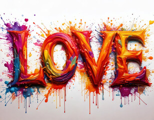 Vibrant cartoon art featuring painted word love on white canvas colorful splashes artistic expression