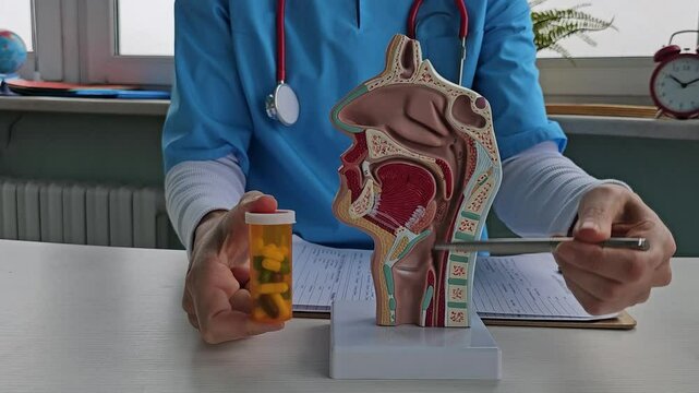 A doctor demonstrates a detailed model of the structure of the nose and throat while holding a container of pills