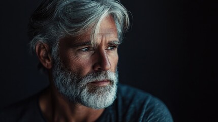 Obraz premium Mature man with gray hair and beard in a contemplative pose against a dark background showcasing wisdom and experience.