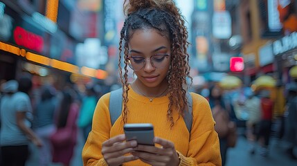 A young woman with braided hair and glasses uses her smartphone while walking down a busy street in New York City. The city lights and other people in the background are blurred.