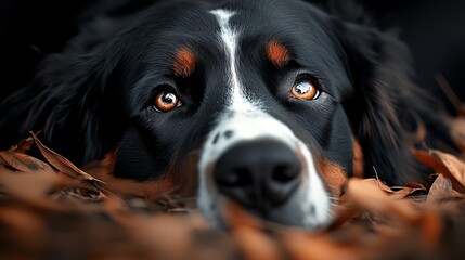 Bernese Mountain Dog lying in a field of sunflowers, cheerful and warm countryside setting