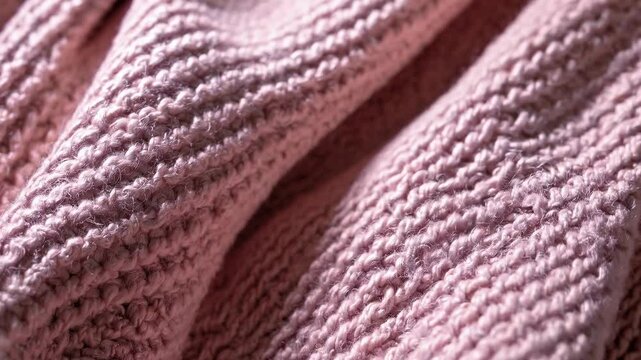 Soft pink knitted fabric close-up. Cozy textured sweater material. Warm and comfortable wool garment. Detailed view of stitches and fibers. Fashion and clothing texture