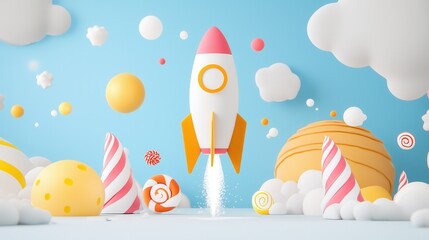 Colorful rocket ship blasting off towards a whimsical candy planet with playful clouds and vibrant candy-like formations