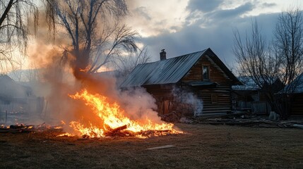 Fototapeta premium Maslenitsa Celebration Fire Near Rustic Wooden House with Rising Smoke Against Dramatic Sky Backdrop