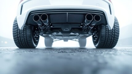 Urban Undercarriage Showcase, an exposed car undercarriage rests in a gritty urban landscape, revealing intricate details amidst the surrounding industrial environment.
