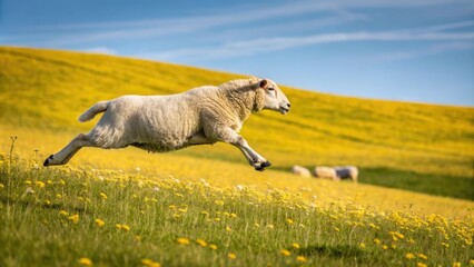 Naklejka premium sheep in flight over a sunlit yellow meadow, countryside, backyard, sunny day, running sheep