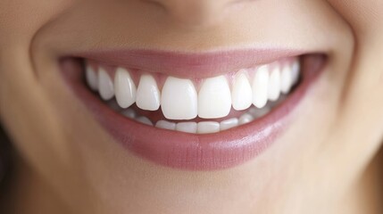 Fototapeta premium Healthy Smiling Woman with Beautiful White Teeth Showcasing Natural Dental Health and Implants for Missing Teeth Solutions