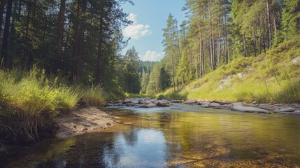 Fototapeta premium Tranquil Forest Landscape with Clear River and Lush Greenery Under Blue Sky